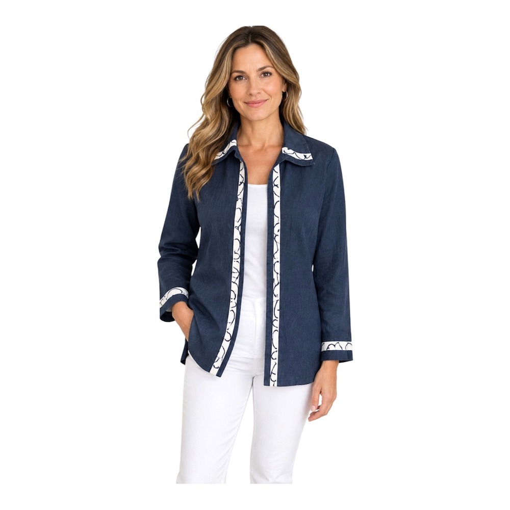 La Rea Collection Navy Blue 100% Linen Jacket White Abstract Trim Women Large